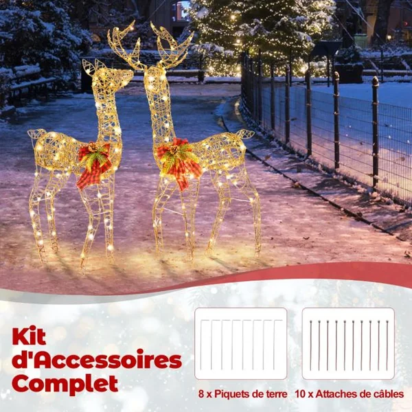 Décoration de Noël 200 Lumières Blanches Chaudes Biche de 100 cm et Cerf de 110 cm Éclairées Fonction Minutée Décoration du Nouvel An avec 8 Piquets