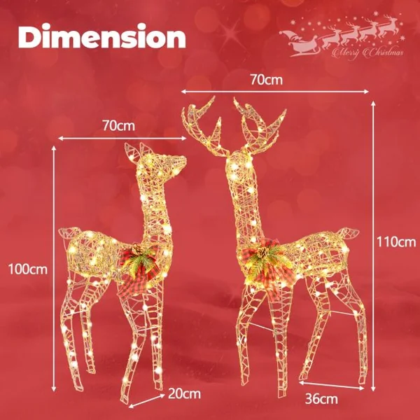 Décoration de Noël 200 Lumières Blanches Chaudes Biche de 100 cm et Cerf de 110 cm Éclairées Fonction Minutée Décoration du Nouvel An avec 8 Piquets