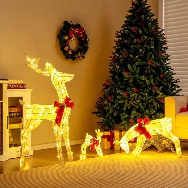 Décoration de Noël 200 Lumières Blanches Chaudes Famille Cerfs Éclairées Fonction Minutée Décoration du Nouvel An avec 10 Piquets