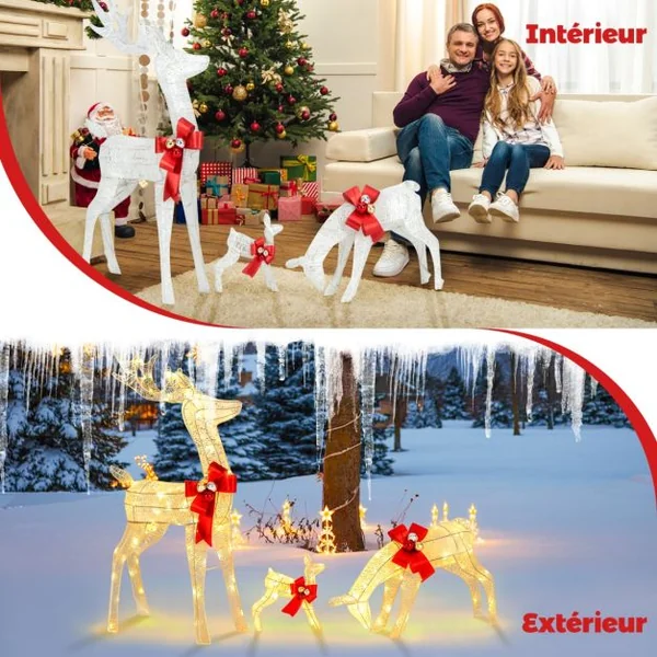 Décoration de Noël 200 Lumières Blanches Chaudes Famille Cerfs Éclairées Fonction Minutée Décoration du Nouvel An avec 10 Piquets