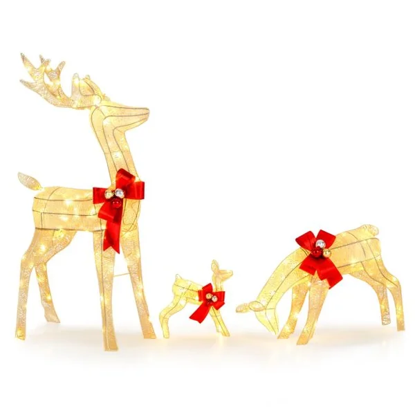 Décoration de Noël 200 Lumières Blanches Chaudes Famille Cerfs Éclairées Fonction Minutée Décoration du Nouvel An avec 10 Piquets