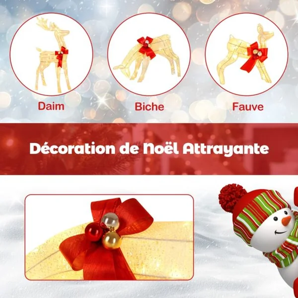 Décoration de Noël 200 Lumières Blanches Chaudes Famille Cerfs Éclairées Fonction Minutée Décoration du Nouvel An avec 10 Piquets
