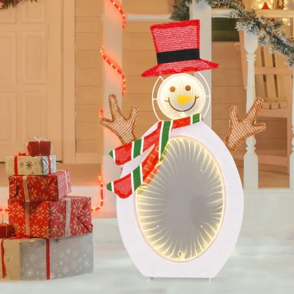 Décoration de Noël 2D Bonhomme de Neige Pré-éclairé de 75 Perles de Lumière LED 2 Miroirs Lumineux Infinis Chapeau Haut de Forme Echarpe