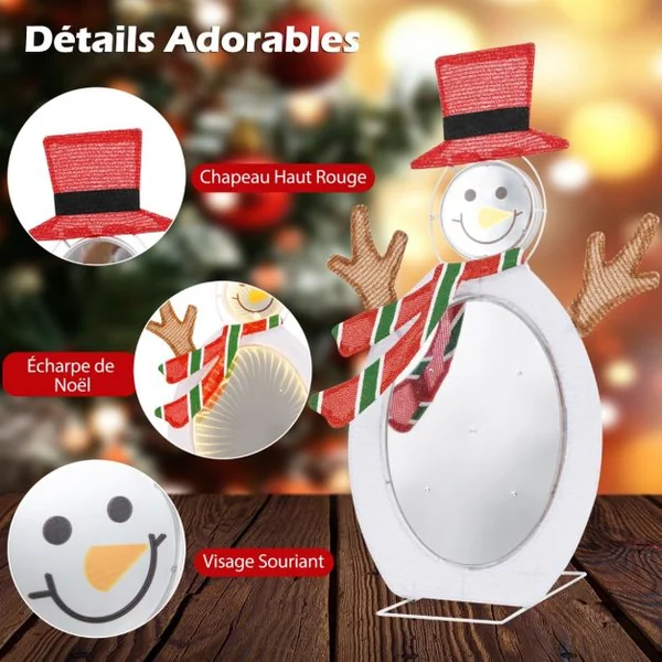 Décoration de Noël 2D Bonhomme de Neige Pré-éclairé de 75 Perles de Lumière LED 2 Miroirs Lumineux Infinis Chapeau Haut de Forme Echarpe