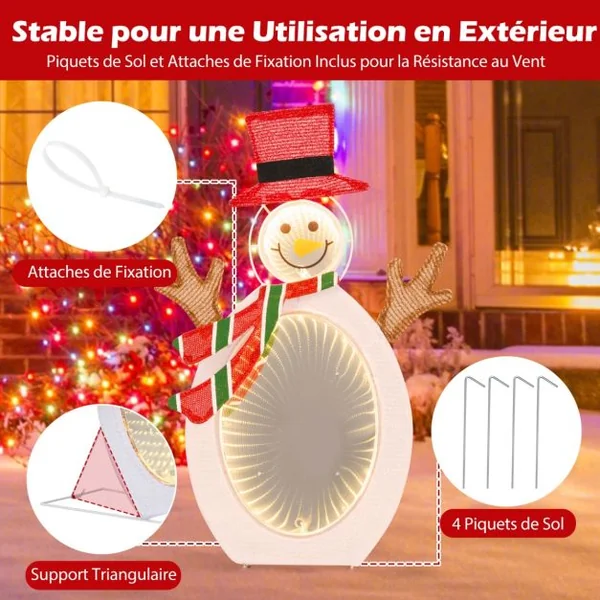 Décoration de Noël 2D Bonhomme de Neige Pré-éclairé de 75 Perles de Lumière LED 2 Miroirs Lumineux Infinis Chapeau Haut de Forme Echarpe