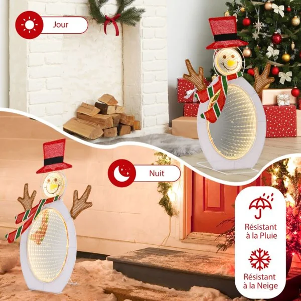 Décoration de Noël 2D Bonhomme de Neige Pré-éclairé de 75 Perles de Lumière LED 2 Miroirs Lumineux Infinis Chapeau Haut de Forme Echarpe
