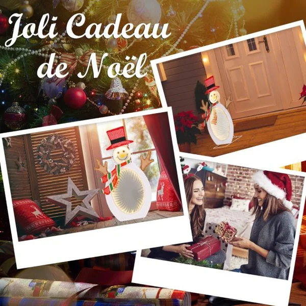 Décoration de Noël 2D Bonhomme de Neige Pré-éclairé de 75 Perles de Lumière LED 2 Miroirs Lumineux Infinis Chapeau Haut de Forme Echarpe