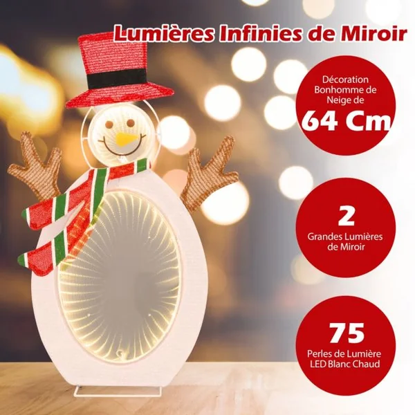 Décoration de Noël 2D Bonhomme de Neige Pré-éclairé de 75 Perles de Lumière LED 2 Miroirs Lumineux Infinis Chapeau Haut de Forme Echarpe