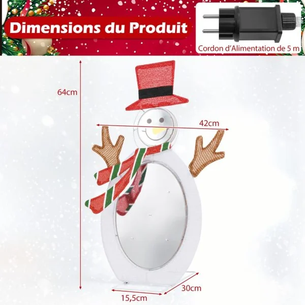 Décoration de Noël 2D Bonhomme de Neige Pré-éclairé de 75 Perles de Lumière LED 2 Miroirs Lumineux Infinis Chapeau Haut de Forme Echarpe