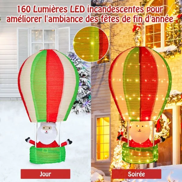 Décoration de Noël de 135 cm avec Père Noël et Montgolfière Décoration de Noël Éclairée avec 160 Lumières Chaudes pour l’Intérieur et l’Extérieur