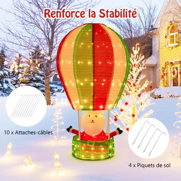 Décoration de Noël de 135 cm avec Père Noël et Montgolfière Décoration de Noël Éclairée avec 160 Lumières Chaudes pour l’Intérieur et l’Extérieur