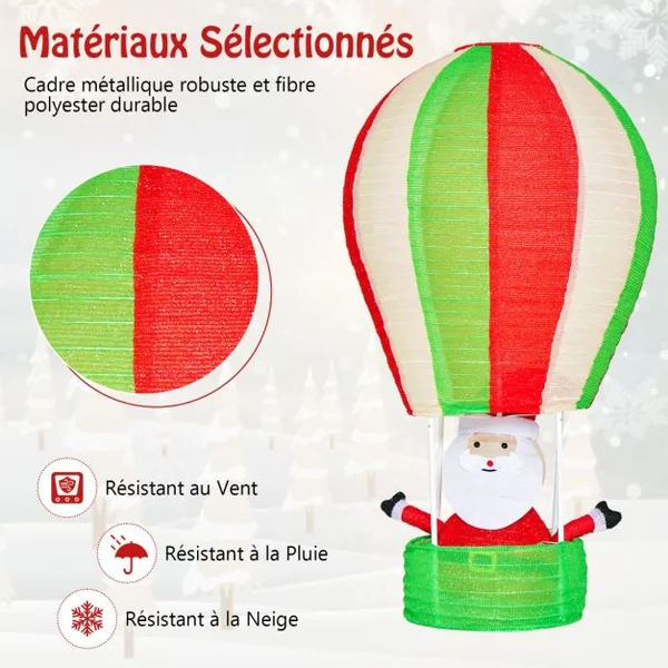 Décoration de Noël de 135 cm avec Père Noël et Montgolfière Décoration de Noël Éclairée avec 160 Lumières Chaudes pour l’Intérieur et l’Extérieur