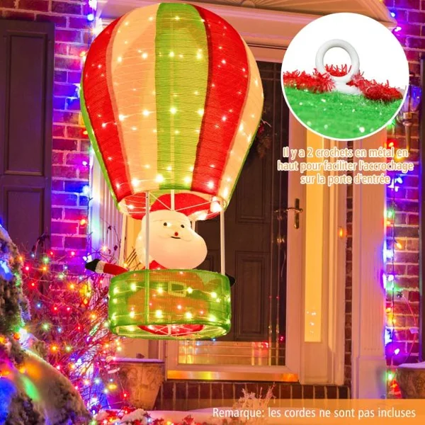 Décoration de Noël de 135 cm avec Père Noël et Montgolfière Décoration de Noël Éclairée avec 160 Lumières Chaudes pour l’Intérieur et l’Extérieur