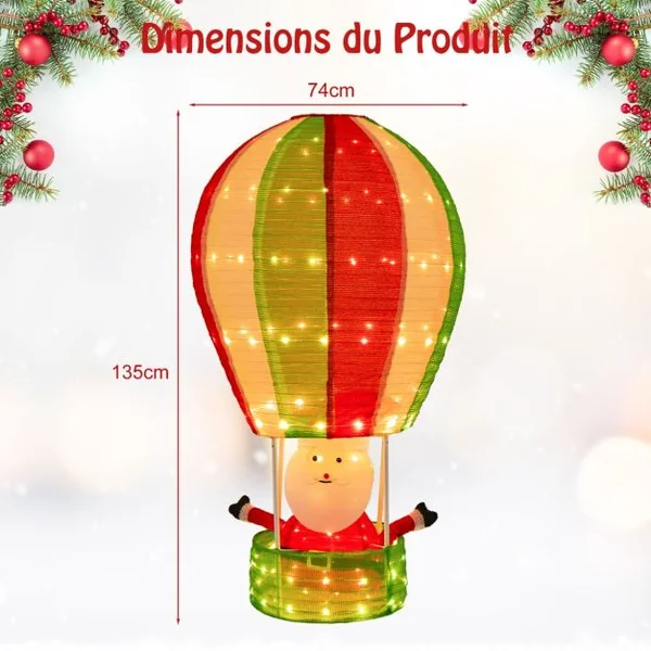Décoration de Noël de 135 cm avec Père Noël et Montgolfière Décoration de Noël Éclairée avec 160 Lumières Chaudes pour l’Intérieur et l’Extérieur