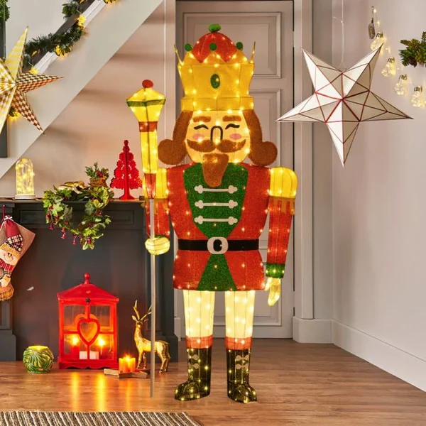 Décoration de Noël de 1,80M Roi Casse-Noisette Pré-éclairé Grandeur Nature avec 236 LED Blanc Chaud Couronne Sceptre Extérieure/Intérieure