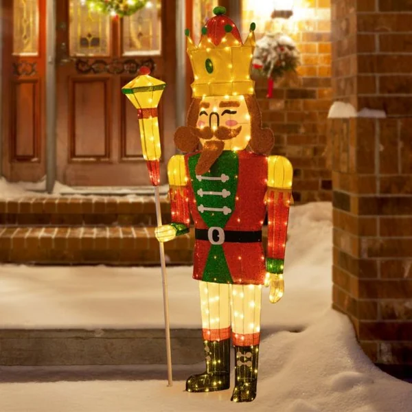 Décoration de Noël de 1,80M Roi Casse-Noisette Pré-éclairé Grandeur Nature avec 236 LED Blanc Chaud Couronne Sceptre Extérieure/Intérieure