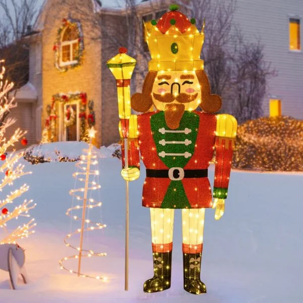 Décoration de Noël de 1,80M Roi Casse-Noisette Pré-éclairé Grandeur Nature avec 236 LED Blanc Chaud Couronne Sceptre Extérieure/Intérieure