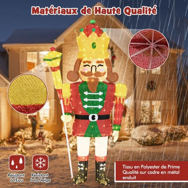 Décoration de Noël de 1,80M Roi Casse-Noisette Pré-éclairé Grandeur Nature avec 236 LED Blanc Chaud Couronne Sceptre Extérieure/Intérieure
