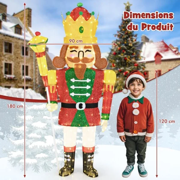 Décoration de Noël de 1,80M Roi Casse-Noisette Pré-éclairé Grandeur Nature avec 236 LED Blanc Chaud Couronne Sceptre Extérieure/Intérieure