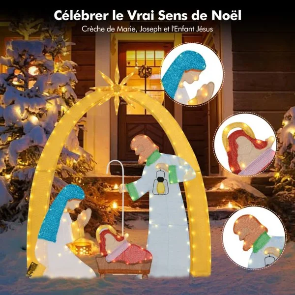Décoration de Noël d'Extérieur de 168 cm Crèche Illuminée avec 194 Lumières LED Crèche Lumineuse Décoration de Cour pour Noël