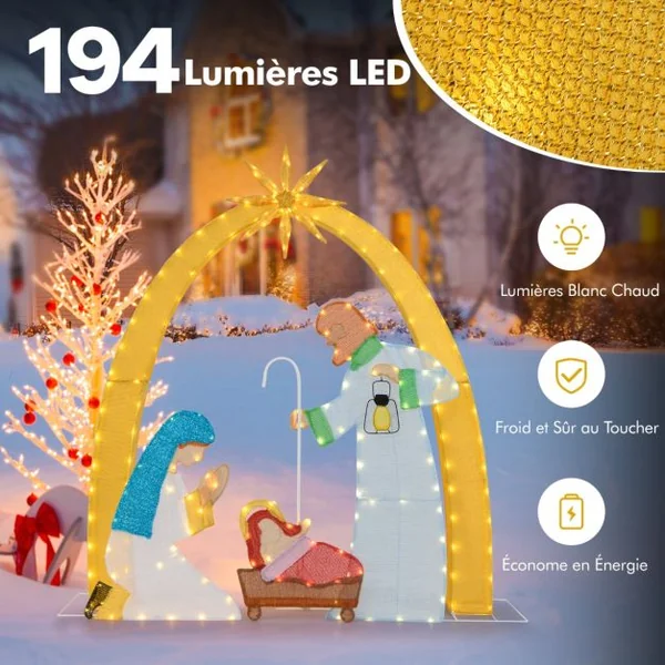 Décoration de Noël d'Extérieur de 168 cm Crèche Illuminée avec 194 Lumières LED Crèche Lumineuse Décoration de Cour pour Noël