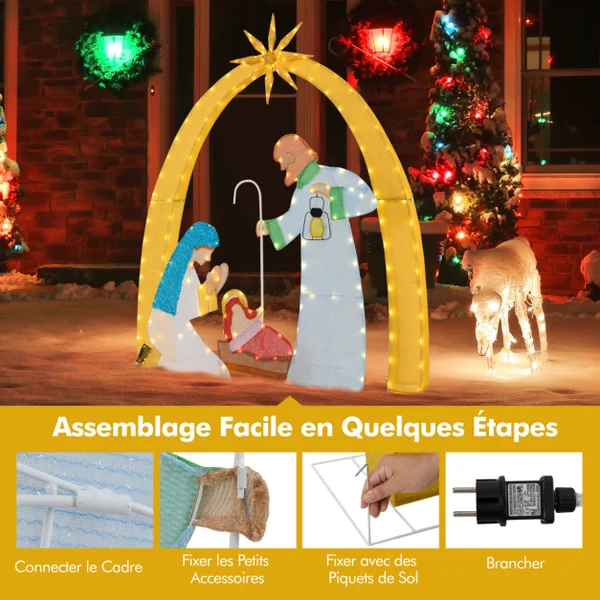 Décoration de Noël d'Extérieur de 168 cm Crèche Illuminée avec 194 Lumières LED Crèche Lumineuse Décoration de Cour pour Noël
