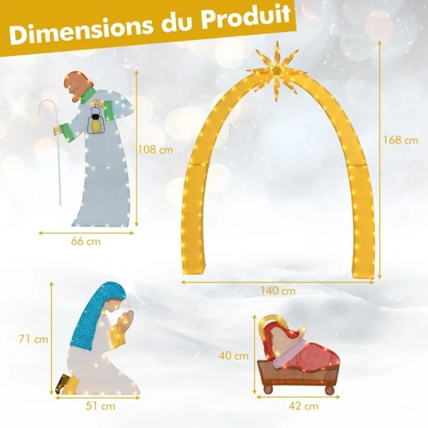 Décoration de Noël d'Extérieur de 168 cm Crèche Illuminée avec 194 Lumières LED Crèche Lumineuse Décoration de Cour pour Noël