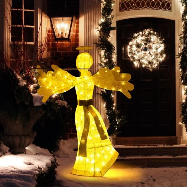 Décoration de Noël en Forme d'Ange Illuminé Décoration de Noël Artificielle 100 Lumières LED 4 Piquets 10 Attaches Zippées