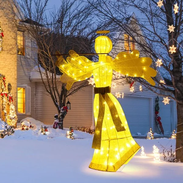 Décoration de Noël en Forme d'Ange Illuminé Décoration de Noël Artificielle 100 Lumières LED 4 Piquets 10 Attaches Zippées