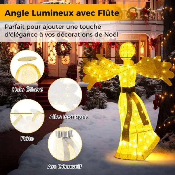 Décoration de Noël en Forme d'Ange Illuminé Décoration de Noël Artificielle 100 Lumières LED 4 Piquets 10 Attaches Zippées