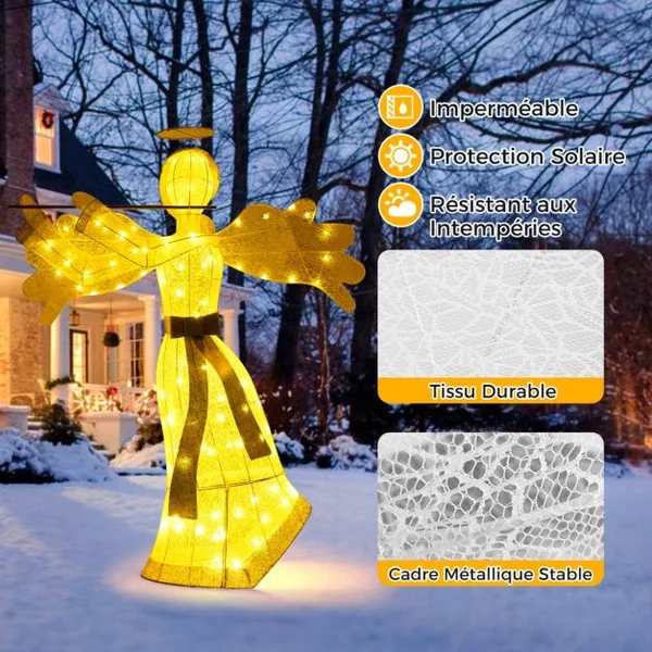 Décoration de Noël en Forme d'Ange Illuminé Décoration de Noël Artificielle 100 Lumières LED 4 Piquets 10 Attaches Zippées