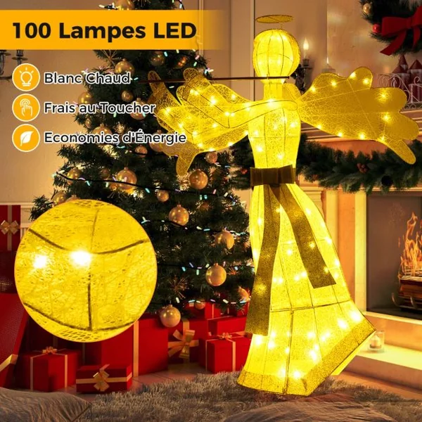 Décoration de Noël en Forme d'Ange Illuminé Décoration de Noël Artificielle 100 Lumières LED 4 Piquets 10 Attaches Zippées