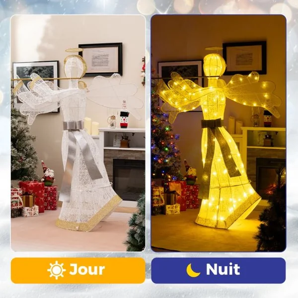 Décoration de Noël en Forme d'Ange Illuminé Décoration de Noël Artificielle 100 Lumières LED 4 Piquets 10 Attaches Zippées
