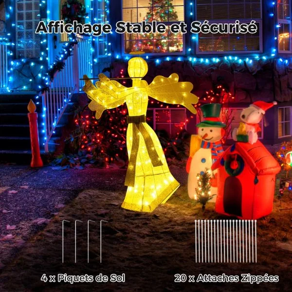 Décoration de Noël en Forme d'Ange Illuminé Décoration de Noël Artificielle 100 Lumières LED 4 Piquets 10 Attaches Zippées