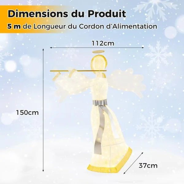 Décoration de Noël en Forme d'Ange Illuminé Décoration de Noël Artificielle 100 Lumières LED 4 Piquets 10 Attaches Zippées
