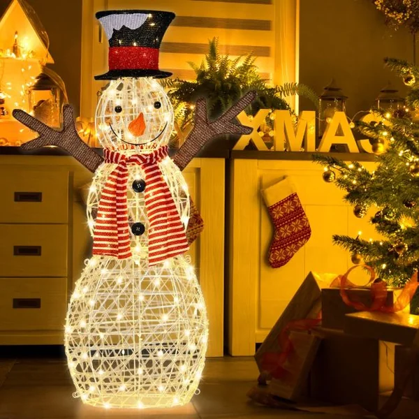 Décoration de Noël en Forme de Bonhomme de Neige Illuminé 80 LED Pré-éclairées Décoration avec Piquets de Sol et Attaches Zippées