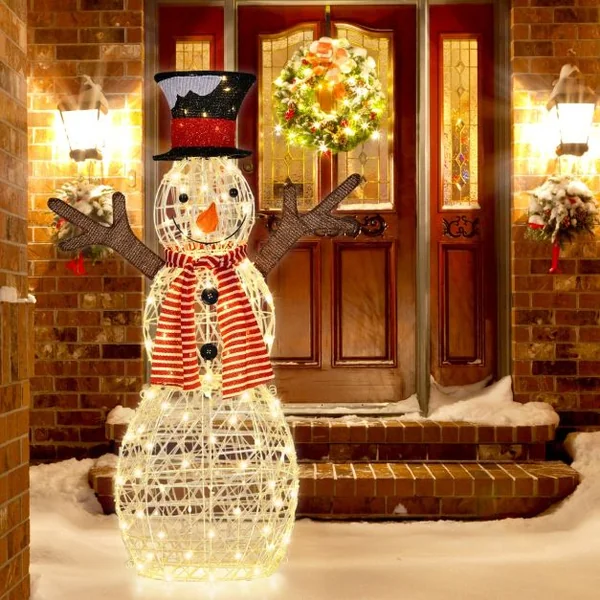 Décoration de Noël en Forme de Bonhomme de Neige Illuminé 80 LED Pré-éclairées Décoration avec Piquets de Sol et Attaches Zippées