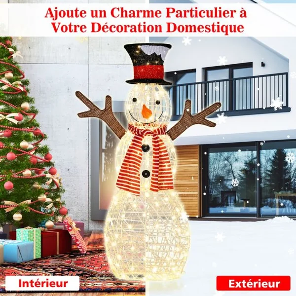 Décoration de Noël en Forme de Bonhomme de Neige Illuminé 80 LED Pré-éclairées Décoration avec Piquets de Sol et Attaches Zippées