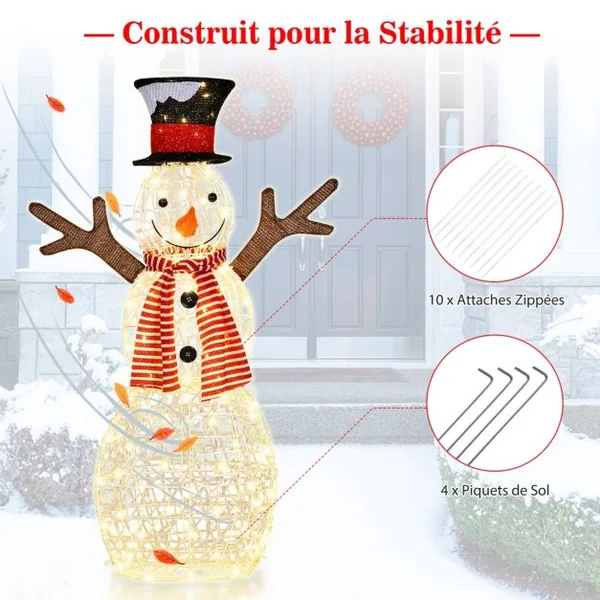 Décoration de Noël en Forme de Bonhomme de Neige Illuminé 80 LED Pré-éclairées Décoration avec Piquets de Sol et Attaches Zippées