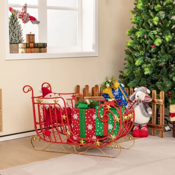 Décoration de Noël en Forme de Traîneau du Père Noël en Métal Grand Espace de Chargement pour Cadeaux Étoiles Dorées Volutes Élégantes