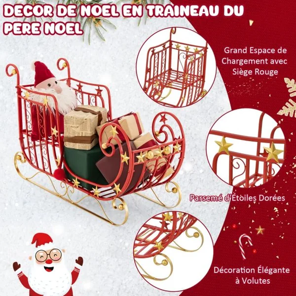 Décoration de Noël en Forme de Traîneau du Père Noël en Métal Grand Espace de Chargement pour Cadeaux Étoiles Dorées Volutes Élégantes
