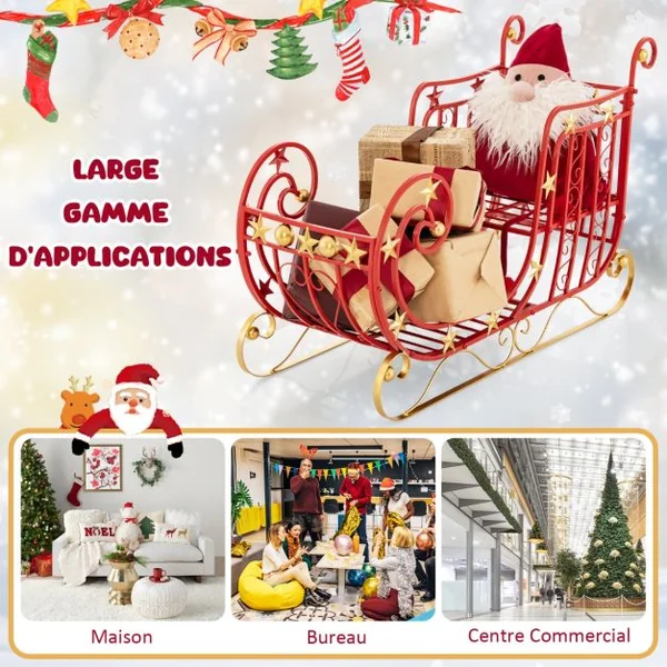Décoration de Noël en Forme de Traîneau du Père Noël en Métal Grand Espace de Chargement pour Cadeaux Étoiles Dorées Volutes Élégantes