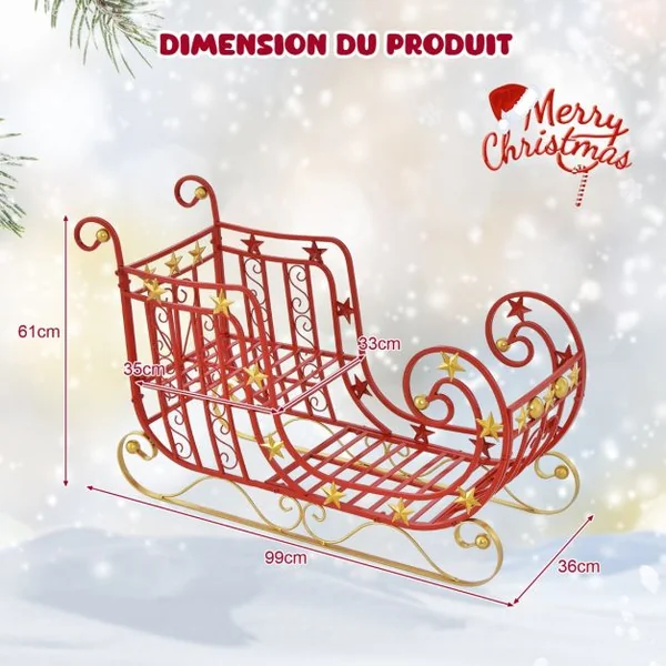 Décoration de Noël en Forme de Traîneau du Père Noël en Métal Grand Espace de Chargement pour Cadeaux Étoiles Dorées Volutes Élégantes