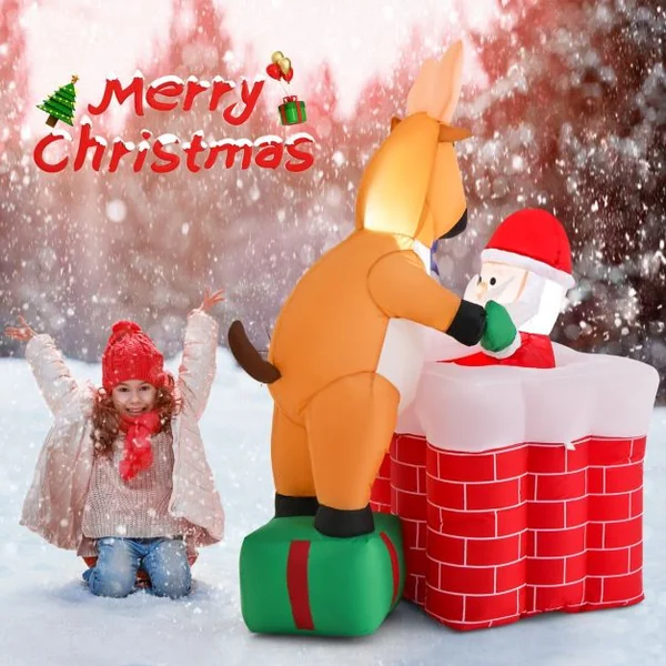 Décoration de Noël Gonflable de 155 cm avec Lumières LED Intégrées Cheminée Renne Debout sur Une Boîte Cadeau et Père Noël Gonflable