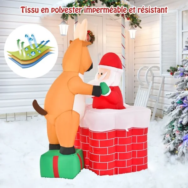 Décoration de Noël Gonflable de 155 cm avec Lumières LED Intégrées Cheminée Renne Debout sur Une Boîte Cadeau et Père Noël Gonflable
