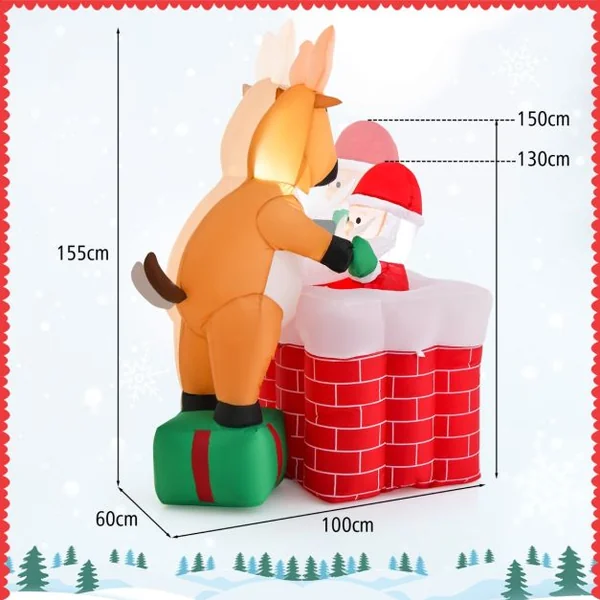 Décoration de Noël Gonflable de 155 cm avec Lumières LED Intégrées Cheminée Renne Debout sur Une Boîte Cadeau et Père Noël Gonflable