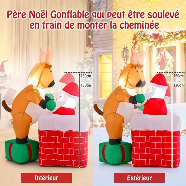 Décoration de Noël Gonflable de 155 cm avec Lumières LED Intégrées Cheminée Renne Debout sur Une Boîte Cadeau et Père Noël Gonflable