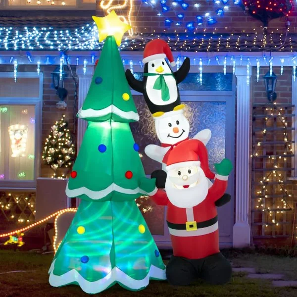 Décoration de Noël Gonflable Sapin de Noël 266cm avec Père Noël Bonhomme de Neige et Pingouin Lumière Disco Multicolore