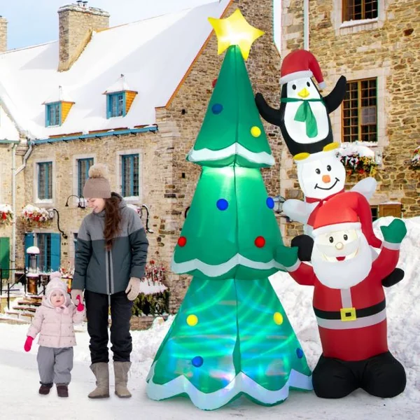Décoration de Noël Gonflable Sapin de Noël 266cm avec Père Noël Bonhomme de Neige et Pingouin Lumière Disco Multicolore