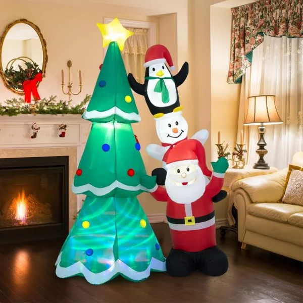 Décoration de Noël Gonflable Sapin de Noël 266cm avec Père Noël Bonhomme de Neige et Pingouin Lumière Disco Multicolore